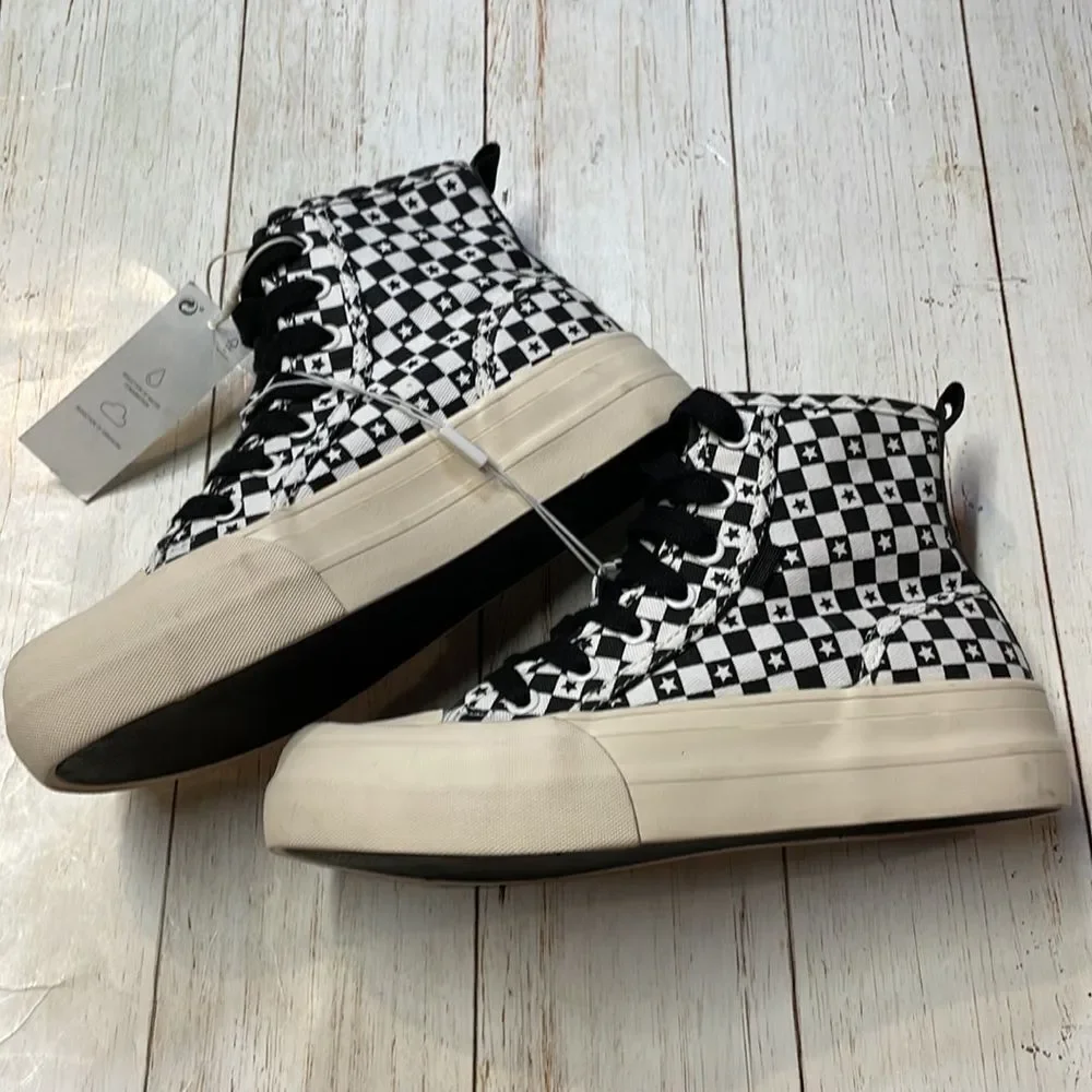 Zara Kids Checkerboard High Top Sneakers Star Print Canvas Size 2.5